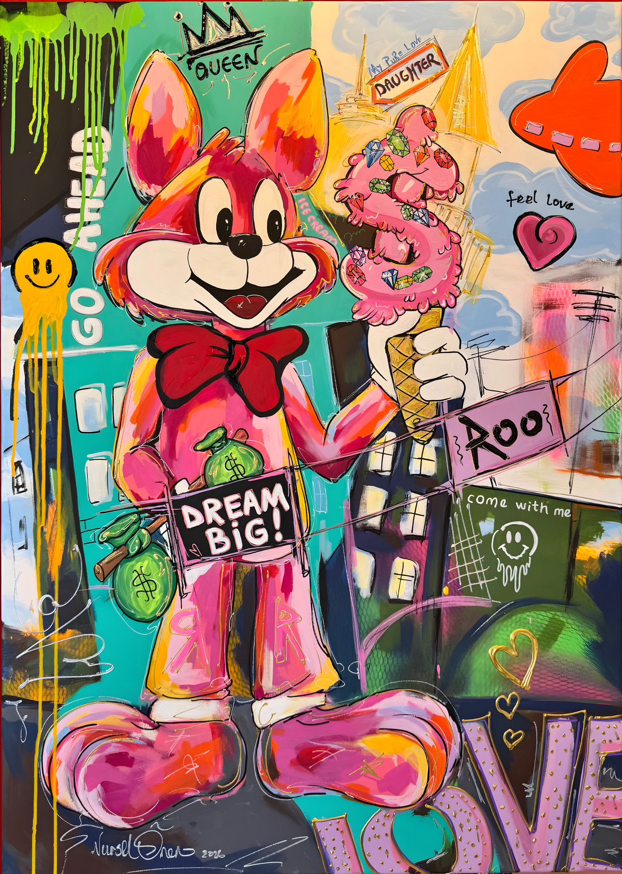 Mr Roo “Big Dream Queen Daughter”, pink figure with red bow tie holding ice cream, pop-art wall art by Nursel Önen, NÖ-B-19