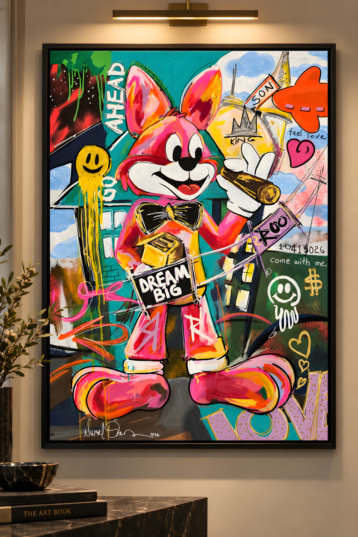 Mr Roo “Big Dream, Son”, pink figure with black bow tie holding a cigar, pop-art wall art by Nursel Önen, NÖ-B-28, View 2