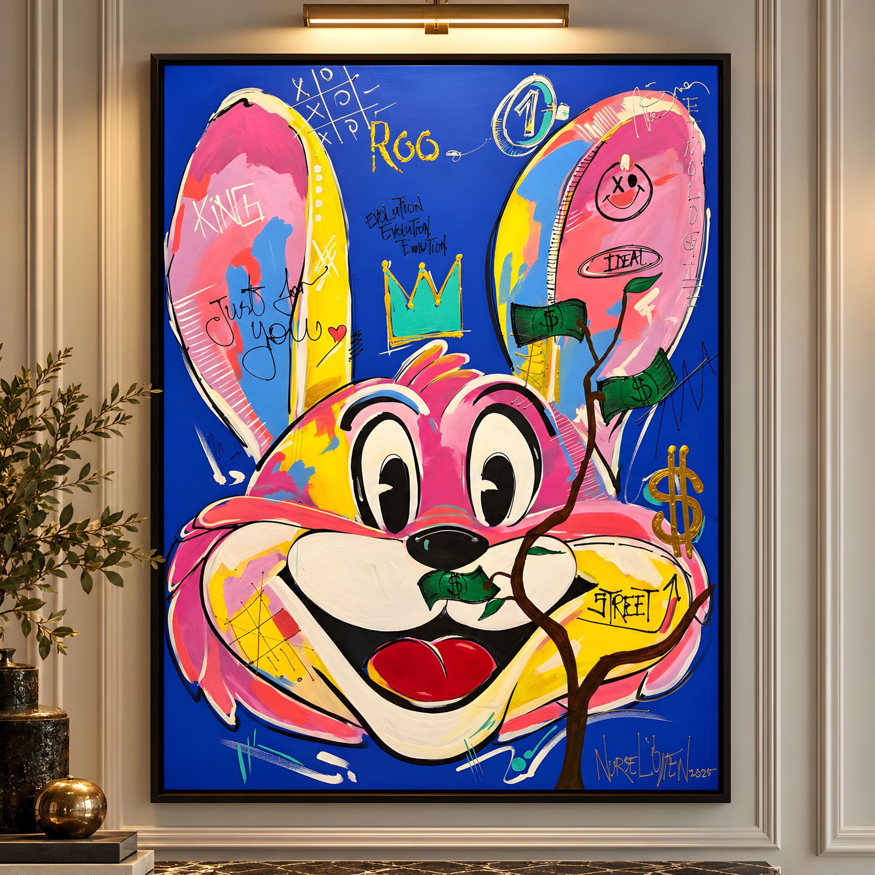 Mr Roo “Ideal”, smiling pink and yellow figure with banknote in mouth, pop-art wall art by Nursel Önen, NÖ-B-14, View 2