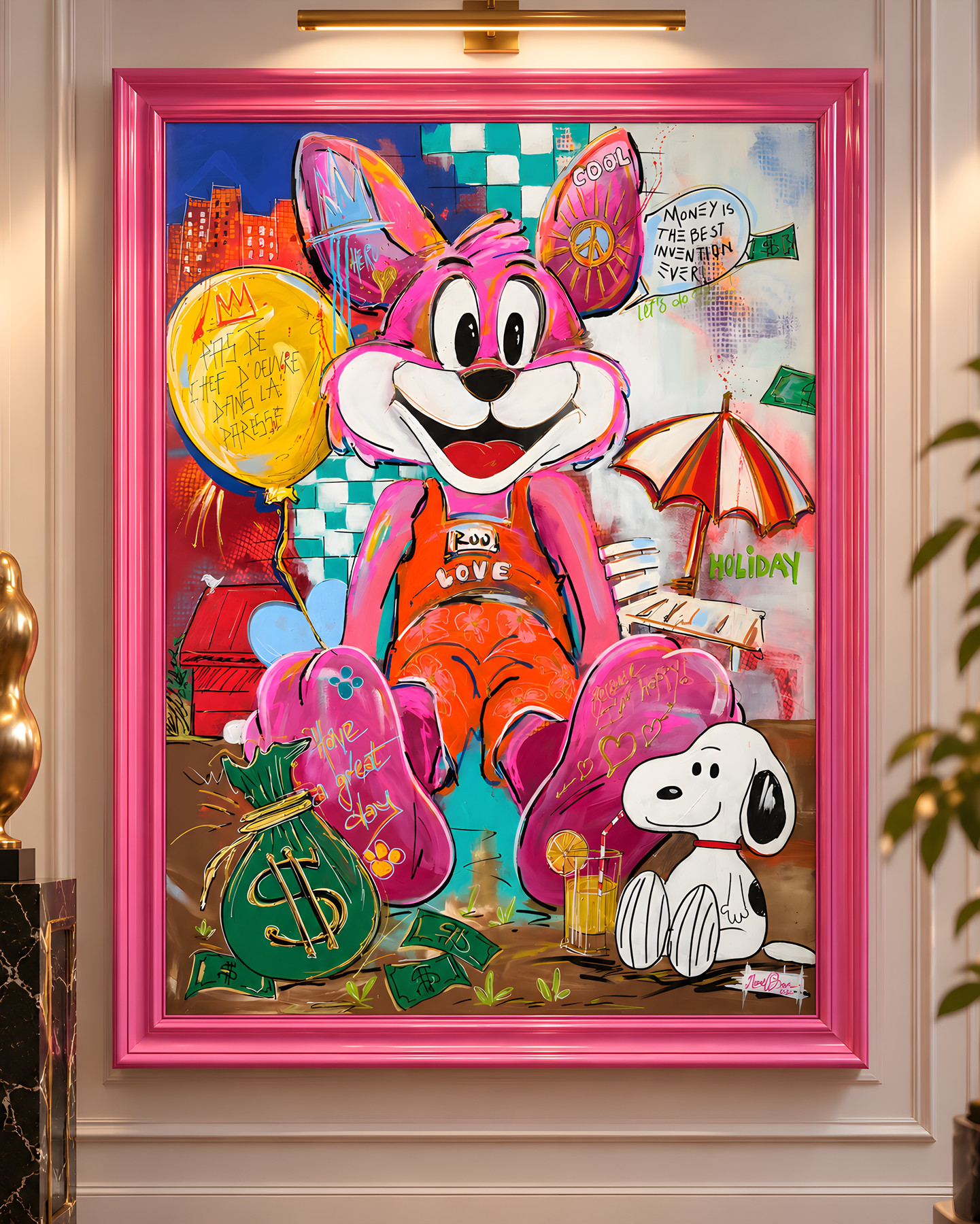 Mr Roo is on vacation with Snoopy, sitting pink figure in orange outfit beside white dog, pop-art wall art by Nursel Önen, NÖ-B-16, View 2