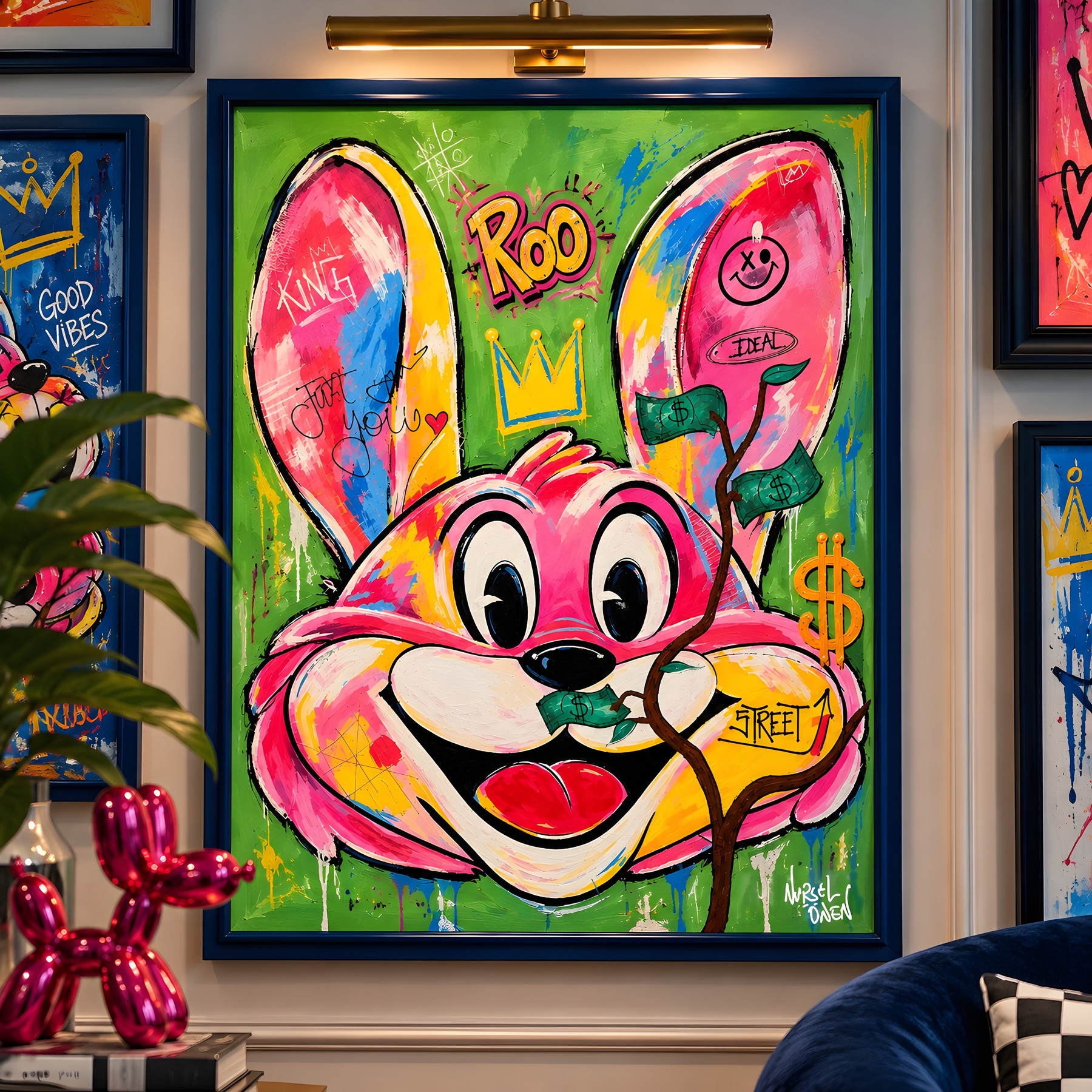 Mr Roo “Money Street”, pink smiling figure with a banknote in its mouth, pop-art wall art by Nursel Önen, NÖ-B-27, View 2