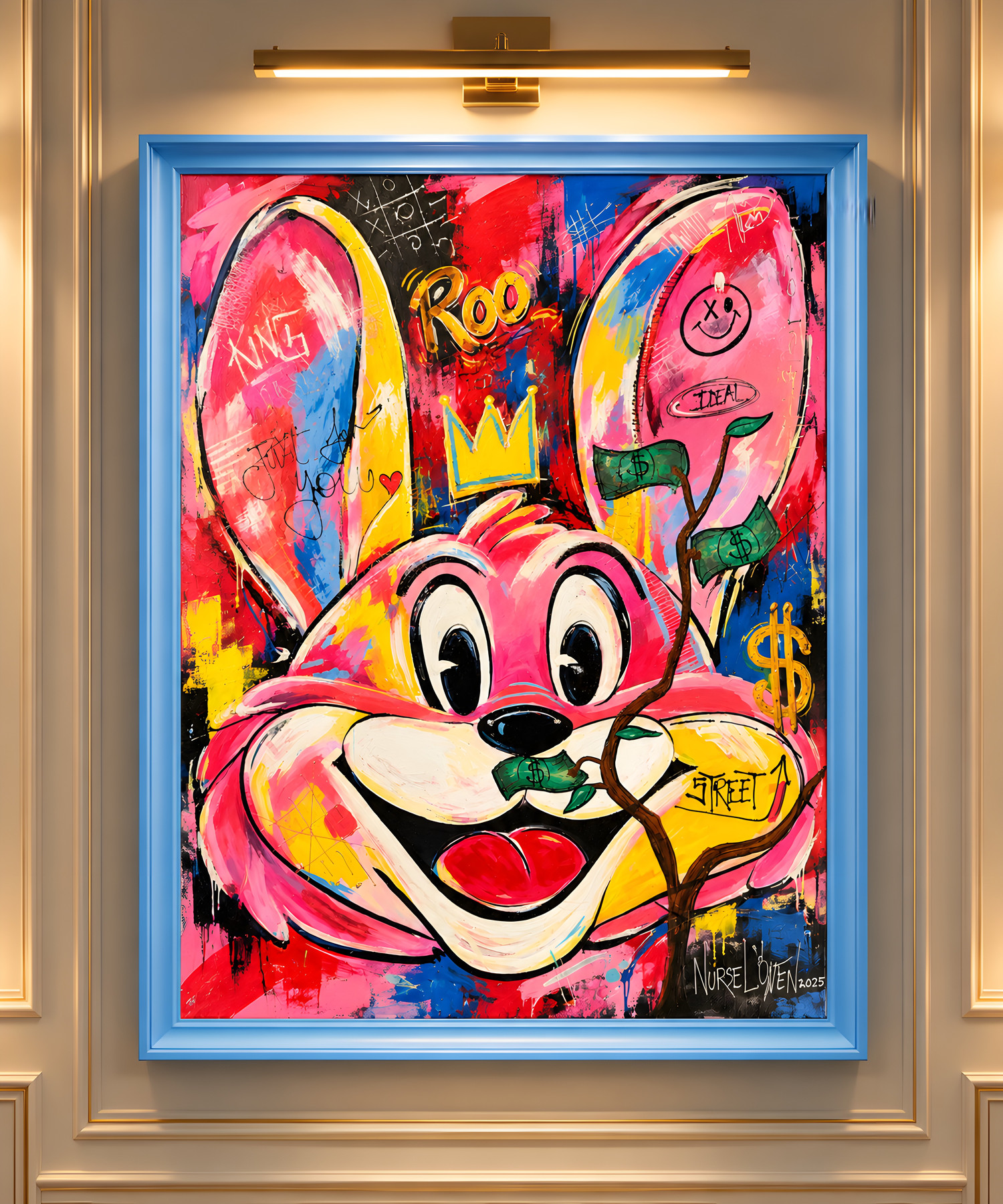 Mr Roo “Money Tree”, smiling pink figure with yellow crown and banknote tree, pop-art wall art by Nursel Önen, NÖ-B-26, View 2