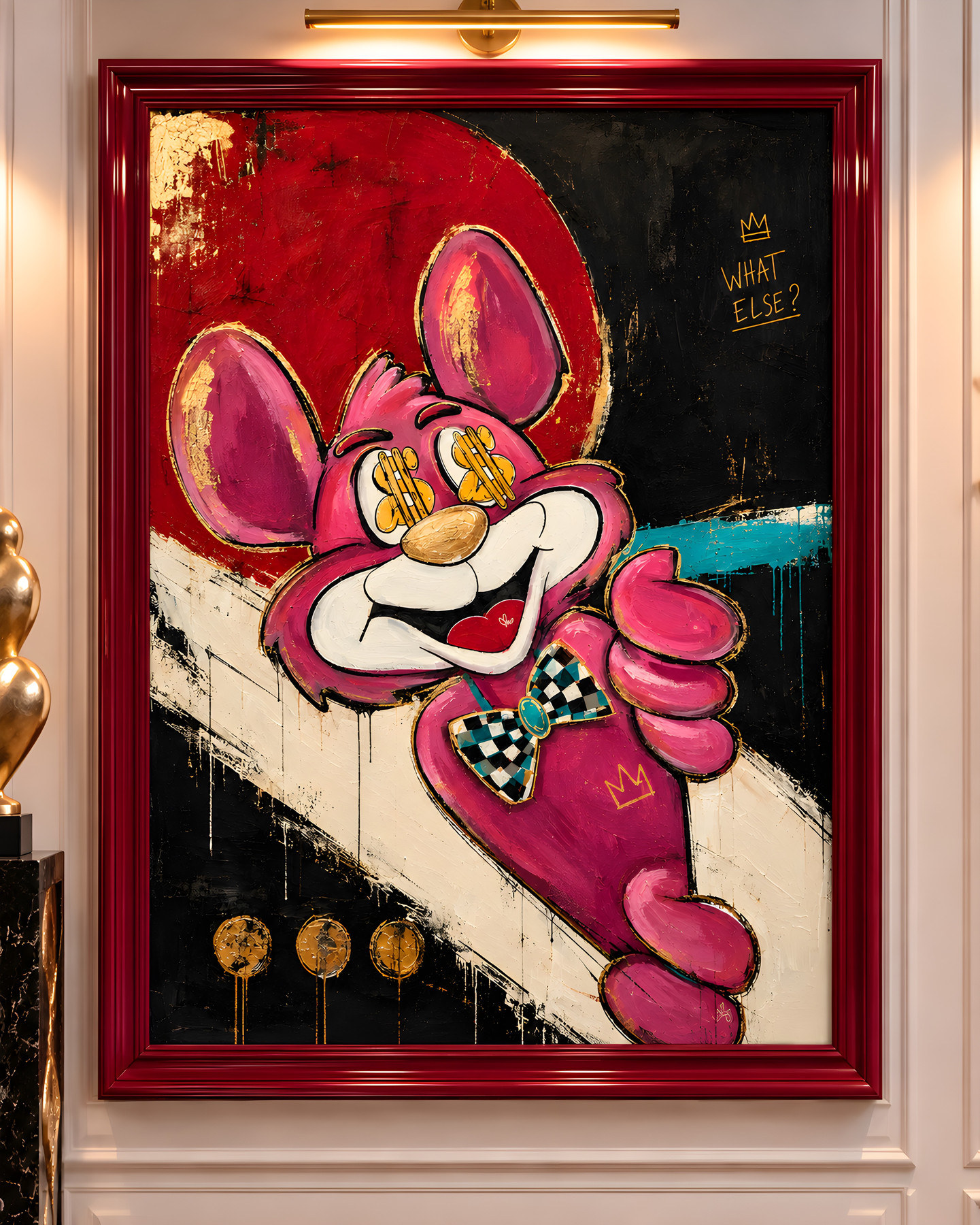 Mr Roo “What Else!”, pink figure with dollar eyes and checkered bow tie, pop-art wall art by Nursel Önen, NÖ-B-18, View 2