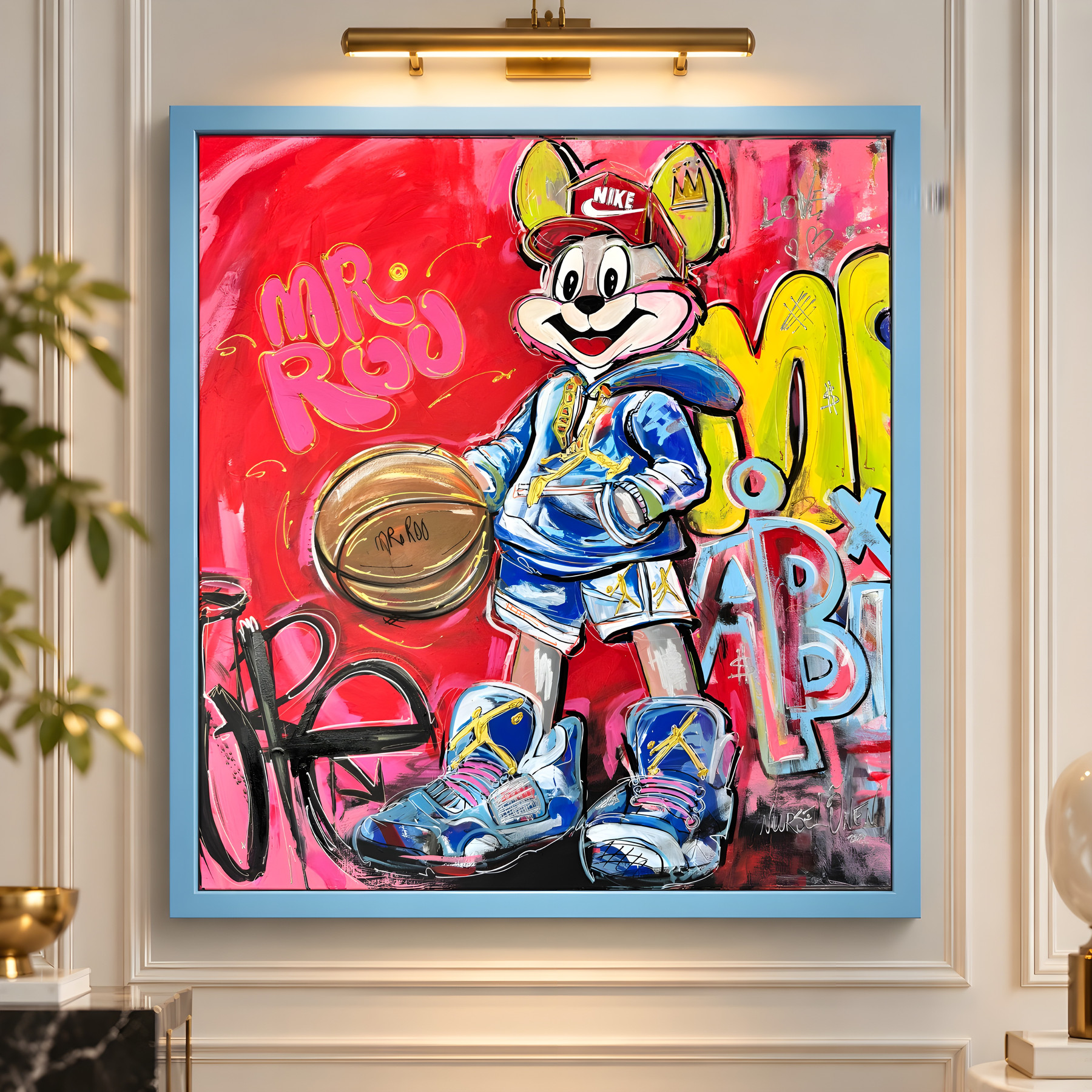 Mr Roo x Michael Jordan, figure in blue hoodie and red cap dribbling basketball, pop-art wall art by Nursel Önen, NÖ-B-24, View 2