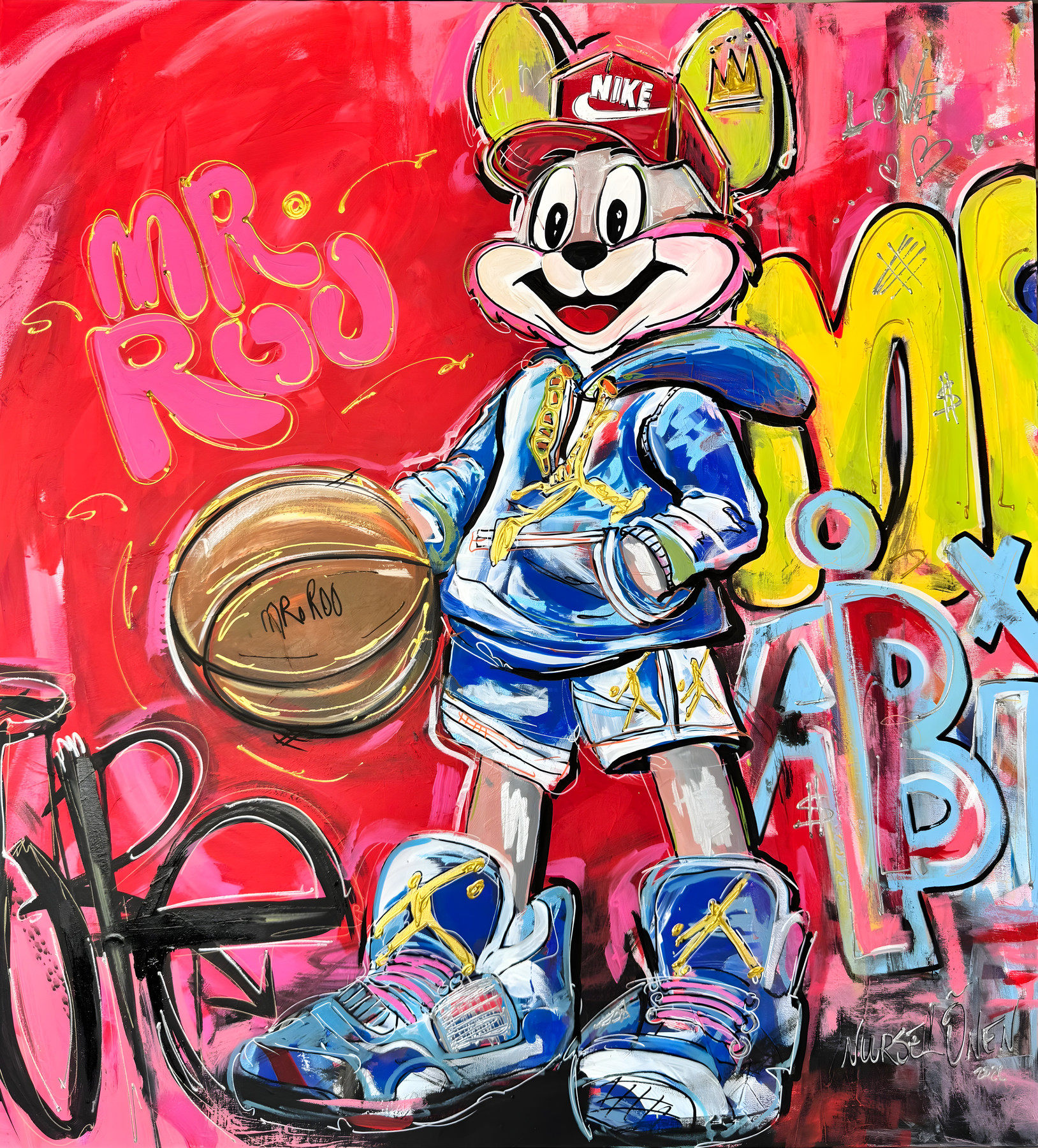 Mr Roo x Michael Jordan, figure in blue outfit and red cap with basketball, pop-art wall art by Nursel Önen, NÖ-B-24